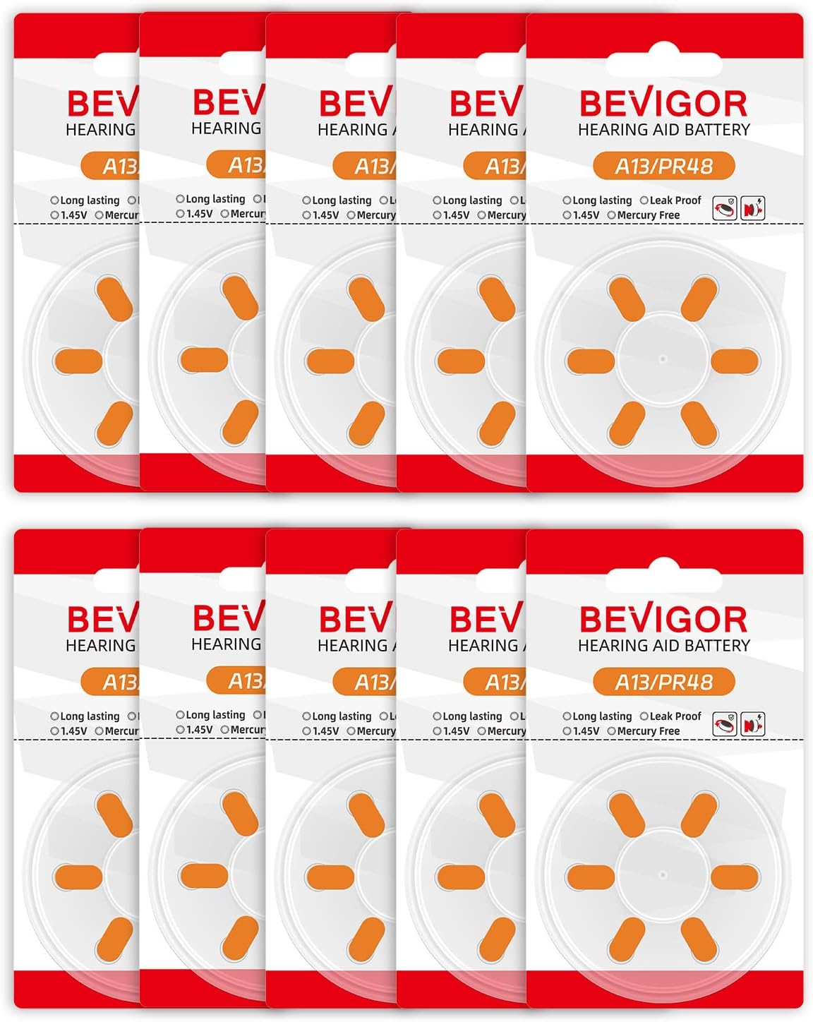 BEVIGOR 13 Zinc Air Batteries Pack of 60 - P13 PR48 ZL2 - Durable Mercury Free & Leak-Proof - Button Cell for Electronic Devices