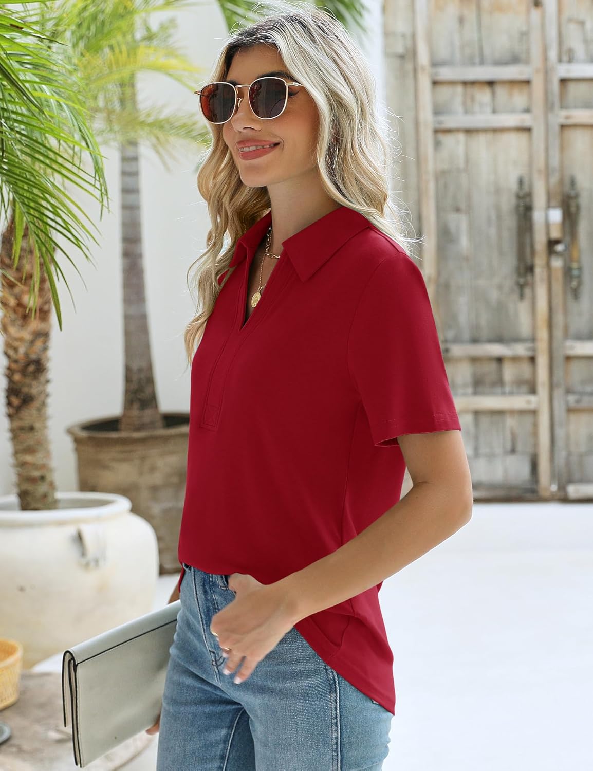 ZHENWEI Women's Short Sleeve V-Neck Polo Shirts Business Casual Work Collared Tops Dressy Johnny Collar Cute Blouses - Image 5