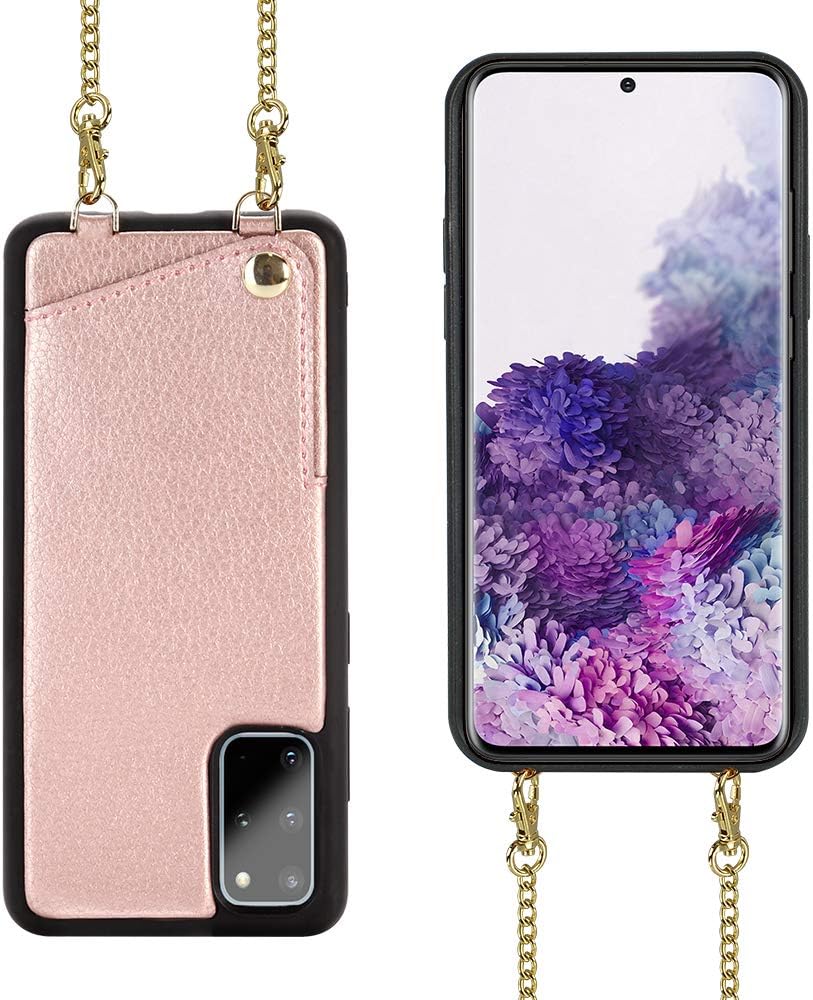 JLFCH Galaxy S20 Plus Wallet Case, Crossbody Case for Samsung Galaxy S20+ Plus 5G with Chain Strap Card Slot Holder Leather Protective for Samsung Galaxy S20+ Plus 6.7 inch - Rose Gold