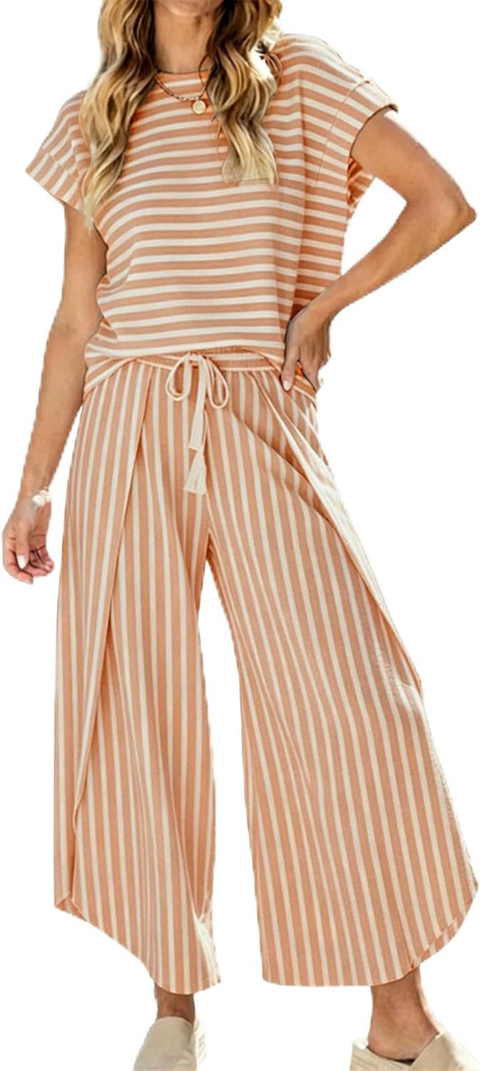 HangNiFang Womens Summer Striped 2 Piece Outfits Cap Sleeve Open Leg Pant Set Vacation Outfits Matching Sets