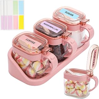 3 Pieces Glass Condiment Jar Set for Kitchen Organization, Seasoning Box with Lids Scoops and Base Tray, 10oz Pink Containers for Coffee Sugar Tea and Spices Storage Essentials