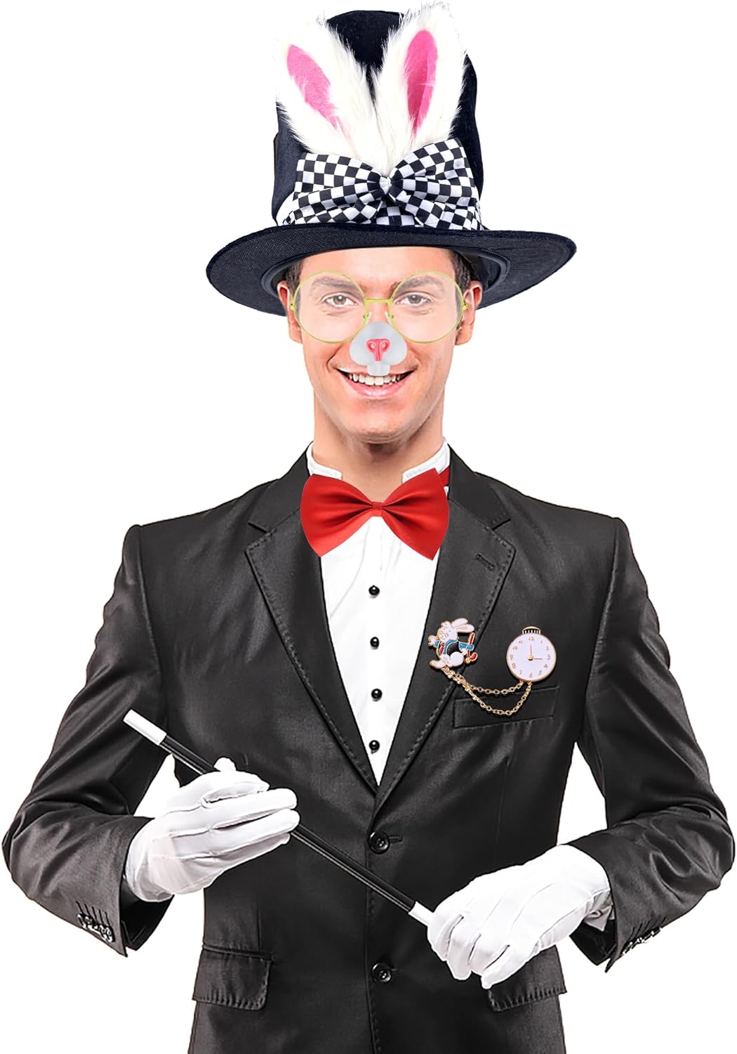 6Pcs White Rabbit Costume Set Include Rabbits Ears Topper Plush Hat Clock Glasses Bowtie Gloves Bunny Nose For Easter Halloween Party Costume - Image 5