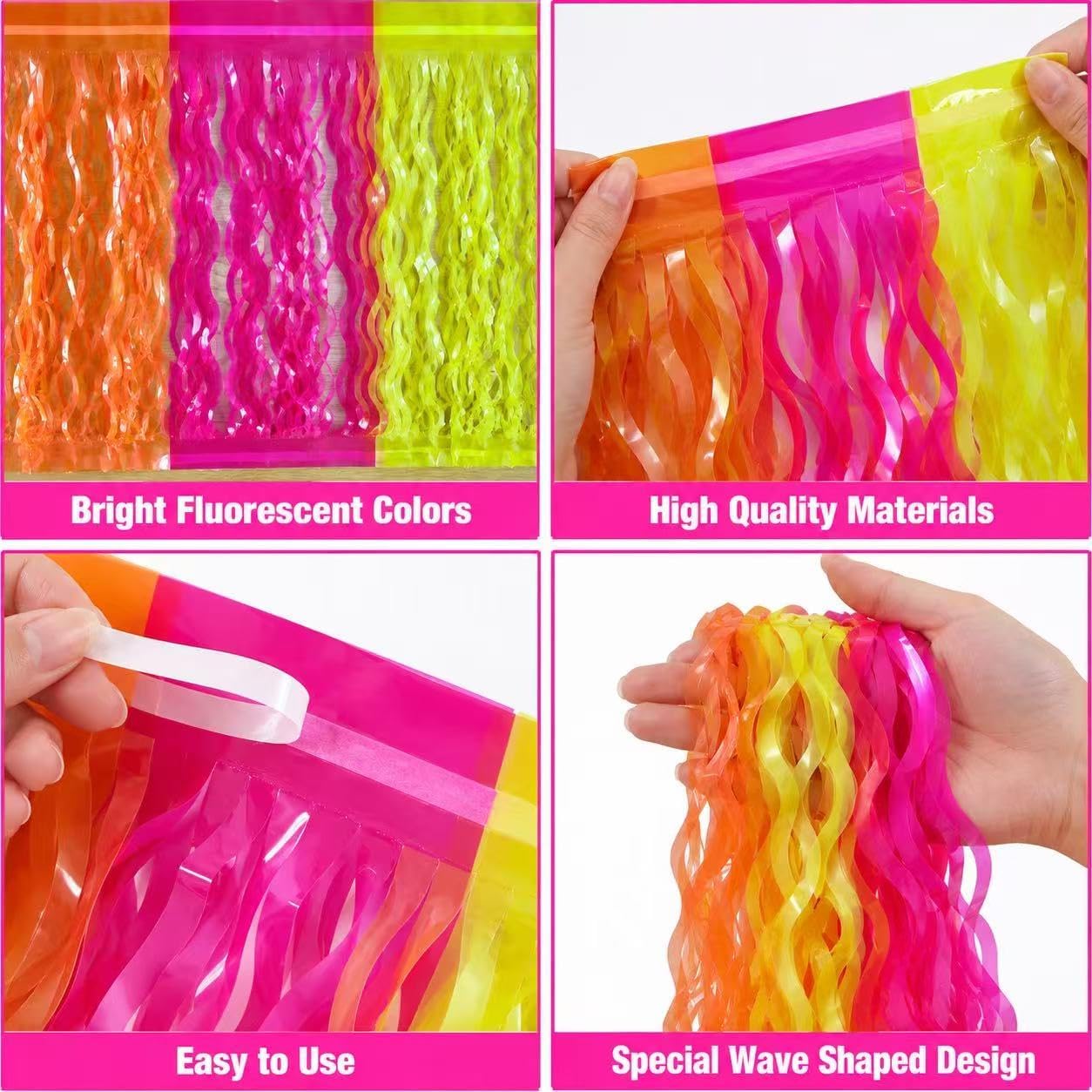[3 Packs] Neon Party Decorations Table Skirts, UV Black Light Tinsel Foil