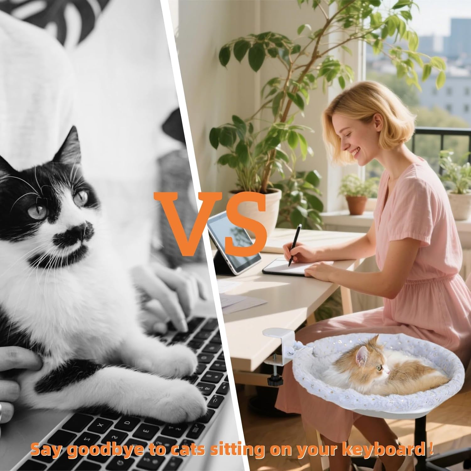 Cat Desk Bed, Cat Perch for Home Office, 360°Rotating & Adjustable Shelf, Removable Comfortable Soft Pet Nest Bed, Modern Unique Kitten Furniture Attachment for Game Tables (Grey)