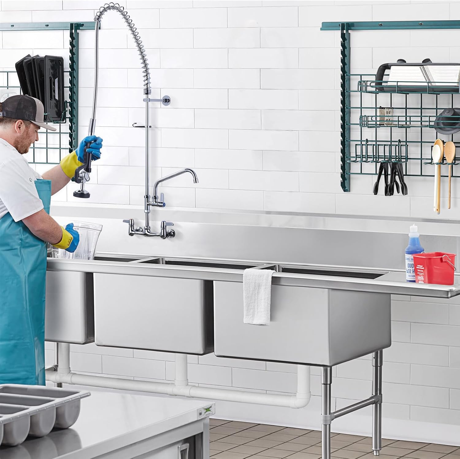 Commercial Kitchen Sink Faucet with Sprayer: ARCORA 47" Height Commercial Kitchen Faucet Wall Mount 8'' Center with 12" Add-on Swing Faucet Chrome