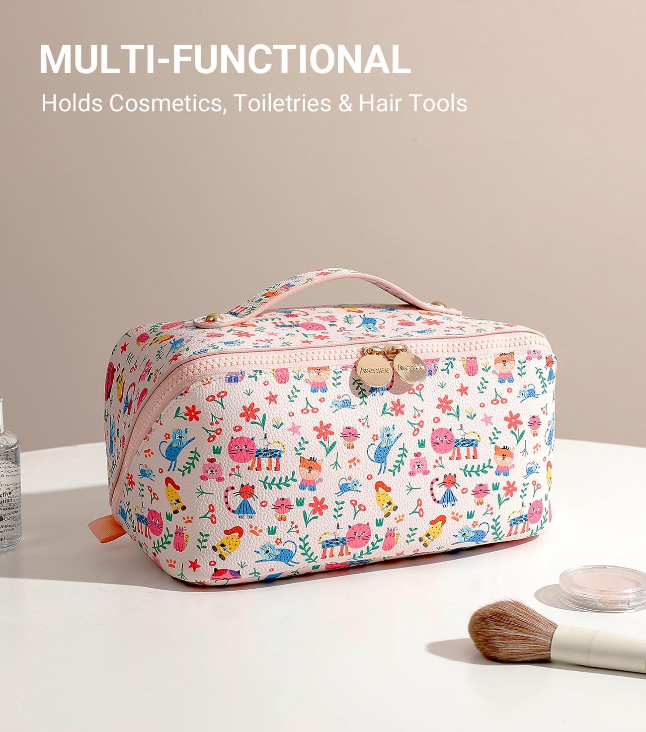 Aveniee Travel Makeup Bag for Women, Large Cosmetic Organizer with Open-Flat Design, Clear Divider & Handle - Waterproof PU Leather Toiletry Case, Cat Pattern