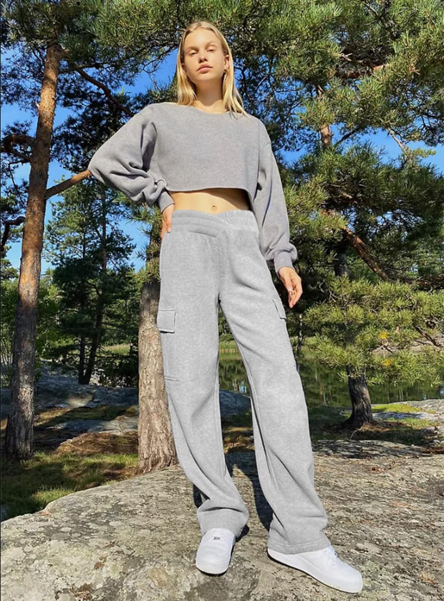 HOPYOP Pantalones deportivos para mujer, de pierna ancha, para otoño e invierno, holgados, cruzados, con bolsillos