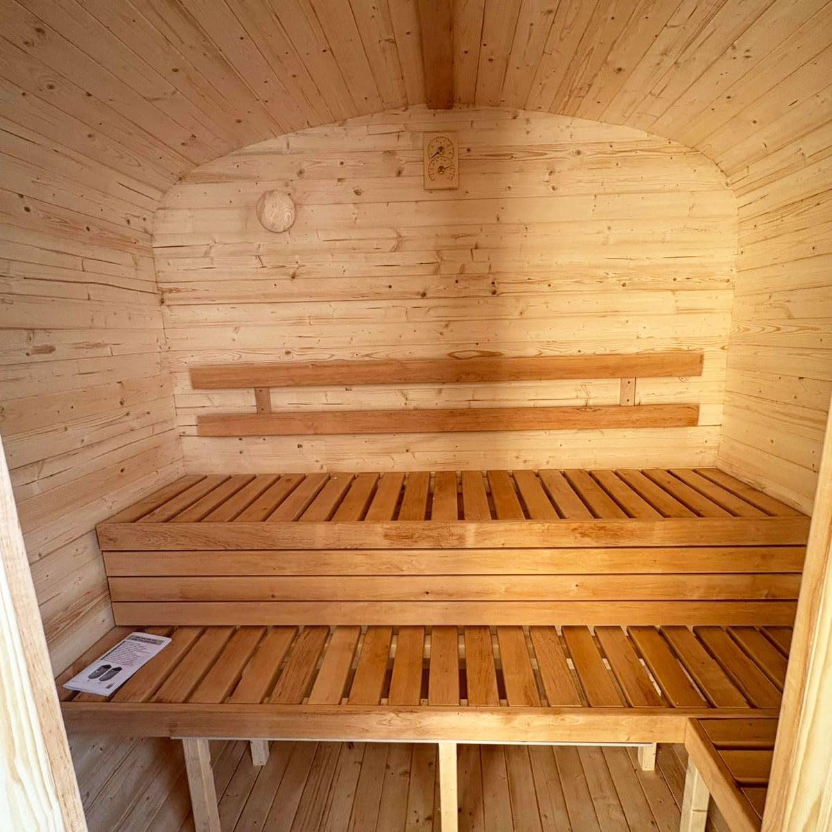 Gartensauna Quadro Fasssauna aus Holz für 2-3 Personen, Rund | Mit LED-Beleuchtung Außensauna für Garten & Terrasse