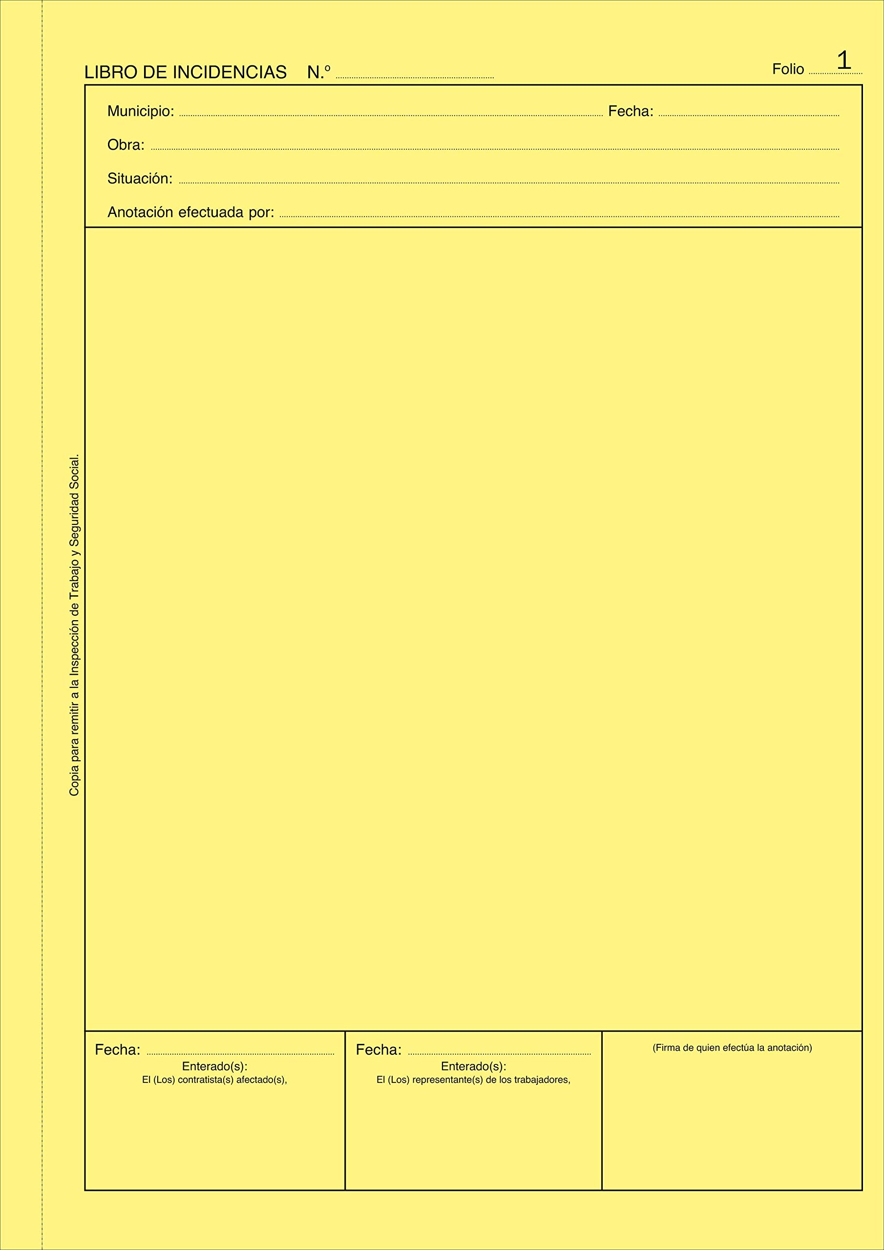 PAQ. 1 LIBRO DE INCIDENCIAS. Plan de Seguridad y Salud en el Trabajo. A4, 25 folios duplicados y numerados.