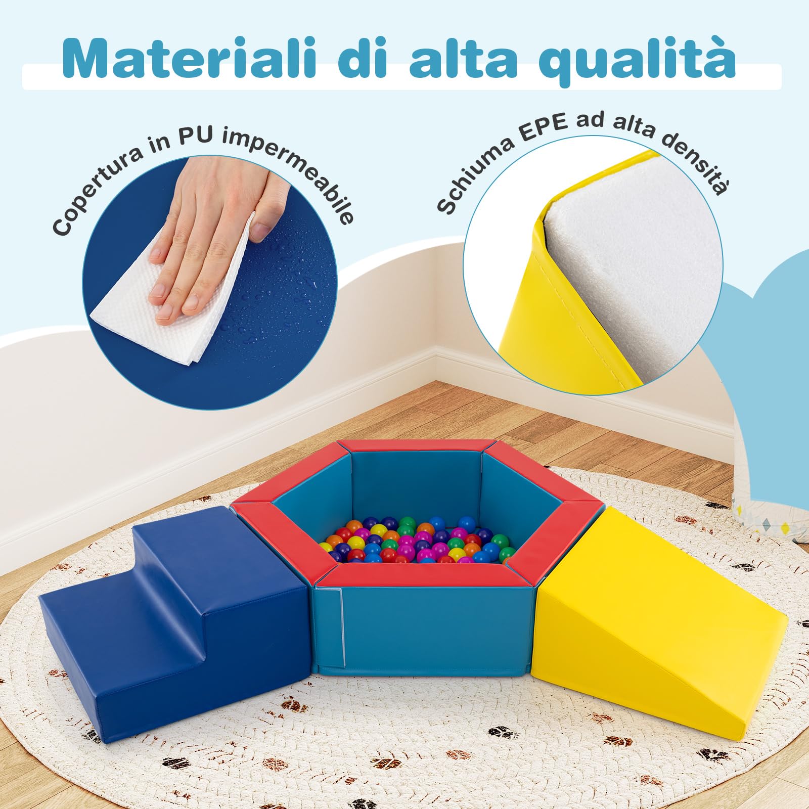 COSTWAY Set di 3 Blocchi da Arrampicata in Schiuma per Bambini, Set Gioco per Interni con Piscina di Palline, Triangolo, Scala e Palline Colorate per Bambini 1+ Anni