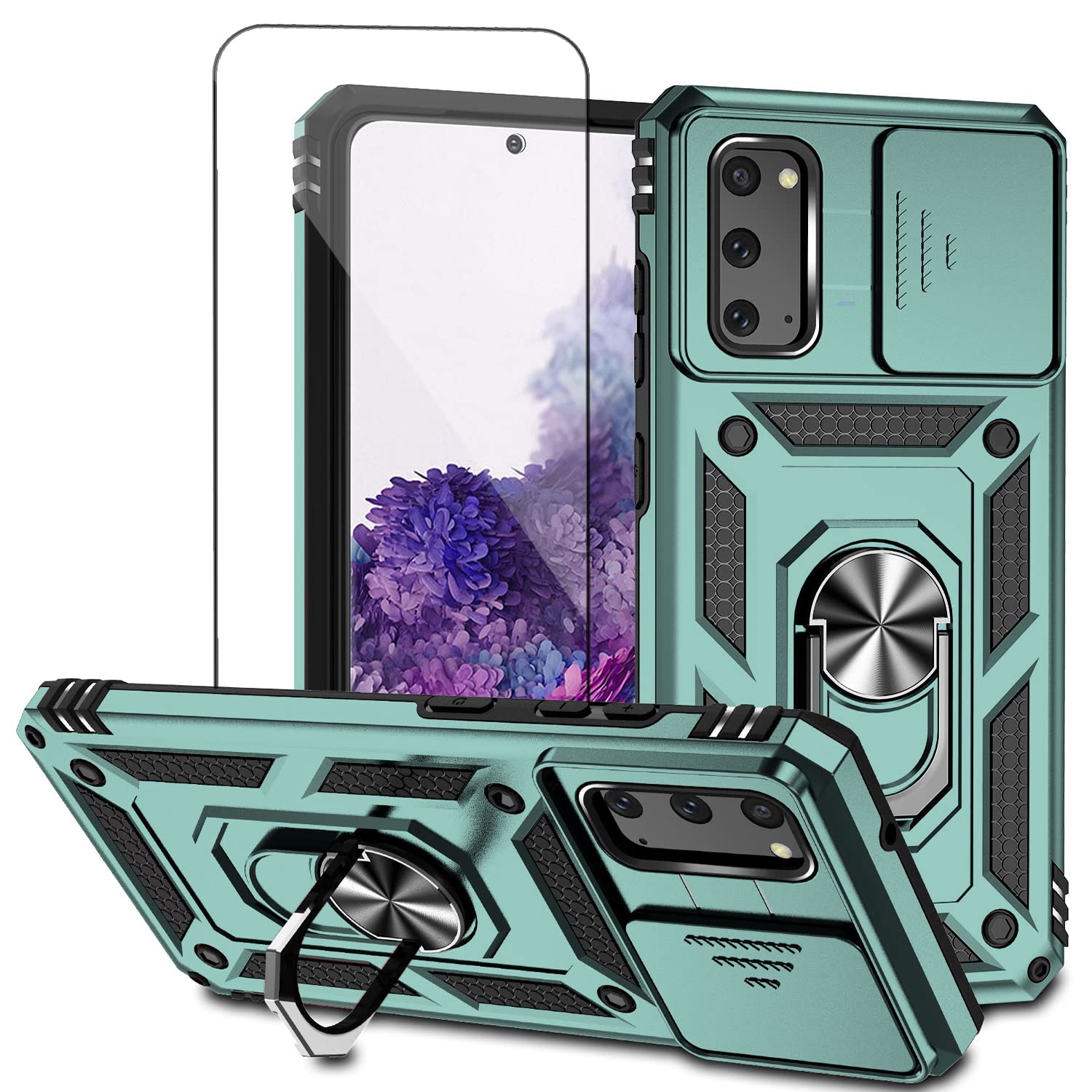 MLDWHSamsung S20 5G Case with Stand Kickstand Ring and Camera Cover with Tempered Glass Screen Protector, Heavy Duty Military Grade Shockproof Protective Cover for Samsung S20 5G (Green)