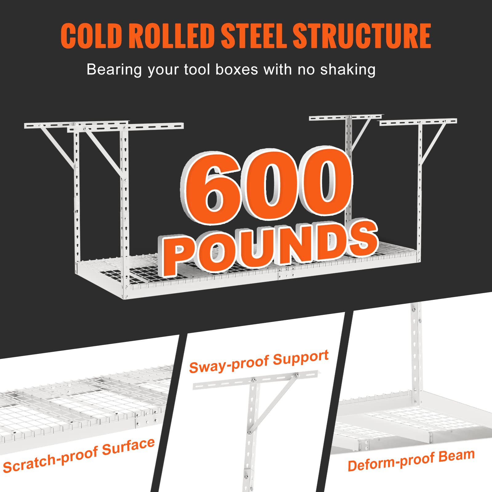 Vevor Overhead Garage Storage Rack  3X8 Garage Ceiling Storage Racks  Heavy Duty Adjustable Cold Rolled Steel Racks For Garage Storage  Organization  600 Lbs Load Capacity  22''-40"" (White)