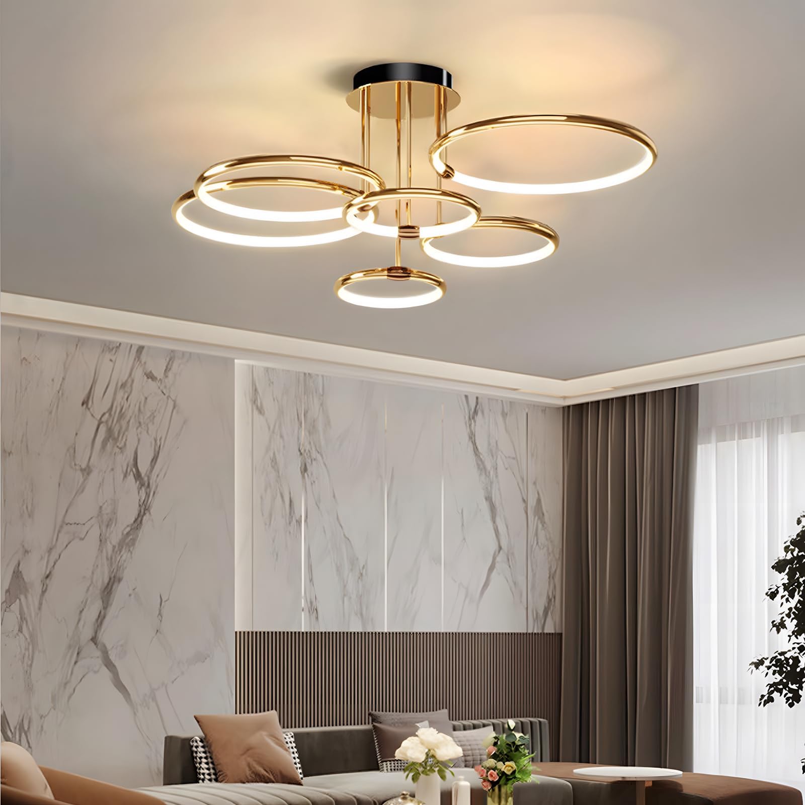 LED Plafoniera, Ø105cm Lampadario Cerchio In Metallo Dorato, 145W Dimmerabile Continuo 3000-6000K, Lampadario Rotondo Moderno In Placca Camera Letto Soggiorno Bambini Ufficio Studio (6 Anelli)