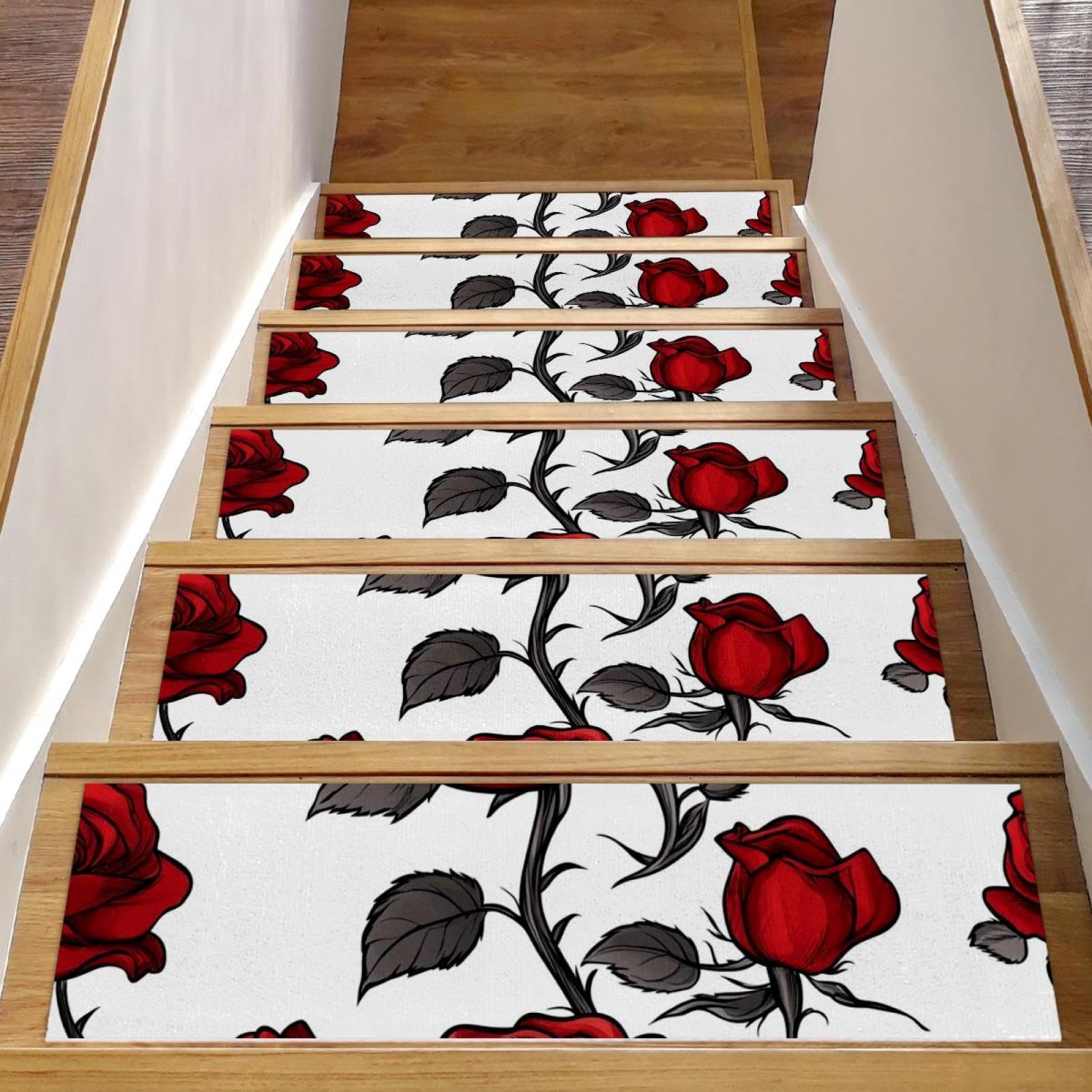 Alfombra antideslizante de peldaños madera rosas rojas cuida a tu familia