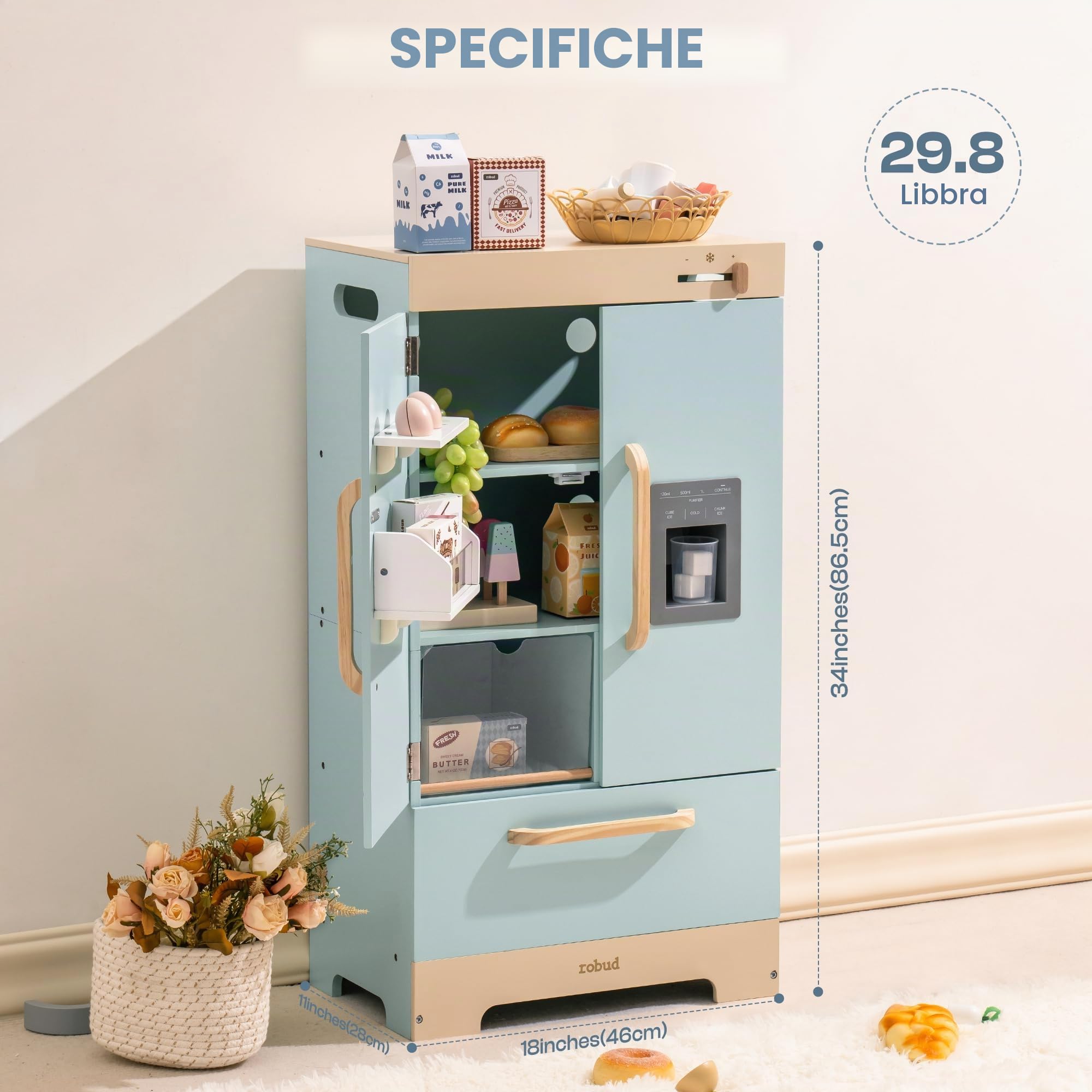 ROBUD Frigorifero in legno - realistico e interattivo con macchina per cubetti di ghiaccio e giocattoli alimentari - Adatto per bambini dai 3 anni in su