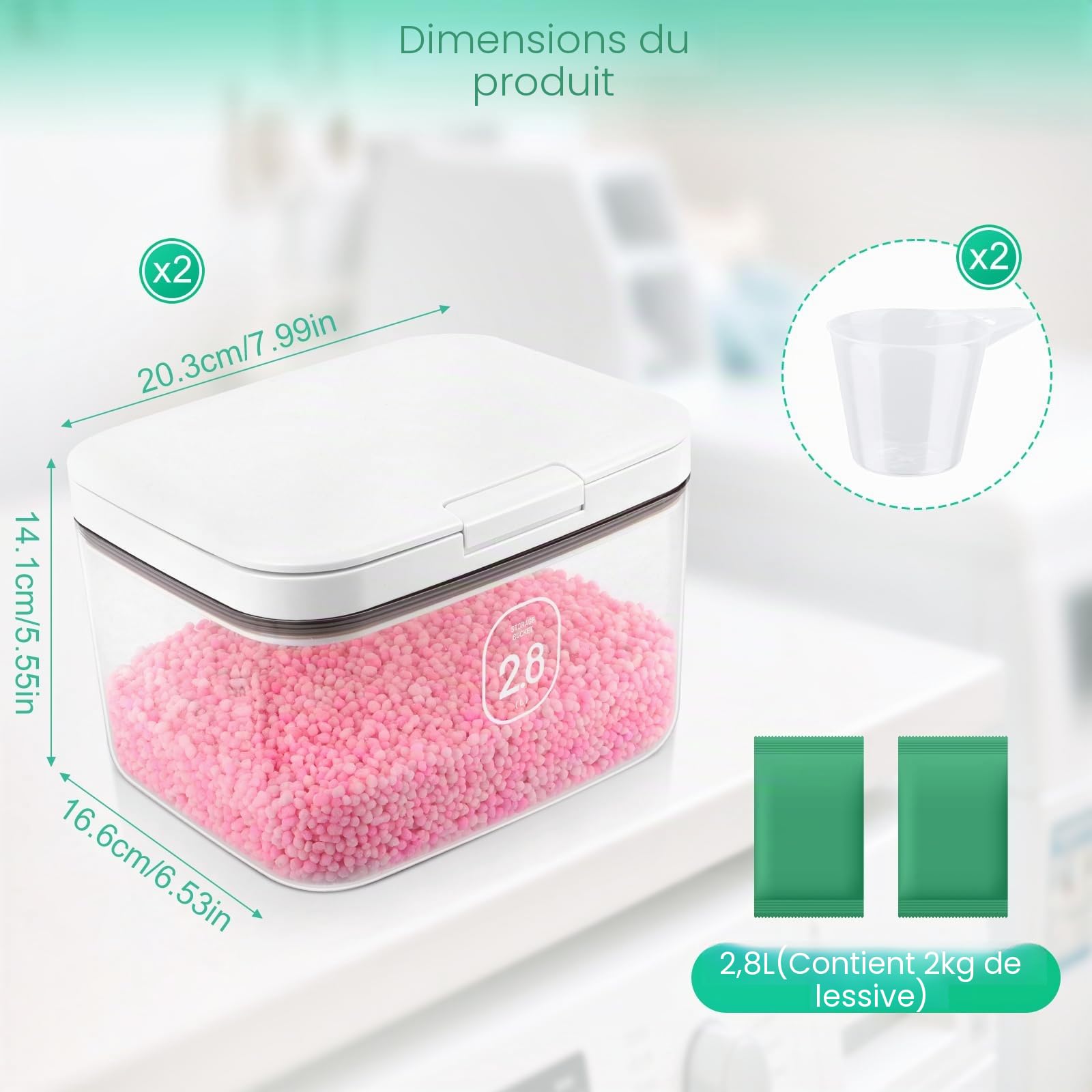2 de stockage de lessive avec cuillères,Bac à lessive Pods 2.8L,Bac à lessive avec couvercle hermétique & fermeture à pression,Boîte à lessive multi-usages pour lessive,perles,nourriture pour chats