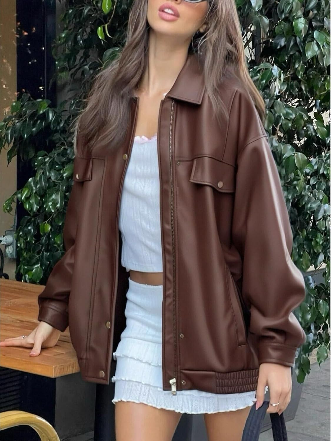 hathne Women's PU Leather Jacket Oversized Vintage Long Sleeve Motorcycle Faux Leather Blazer Jackets - Image 4