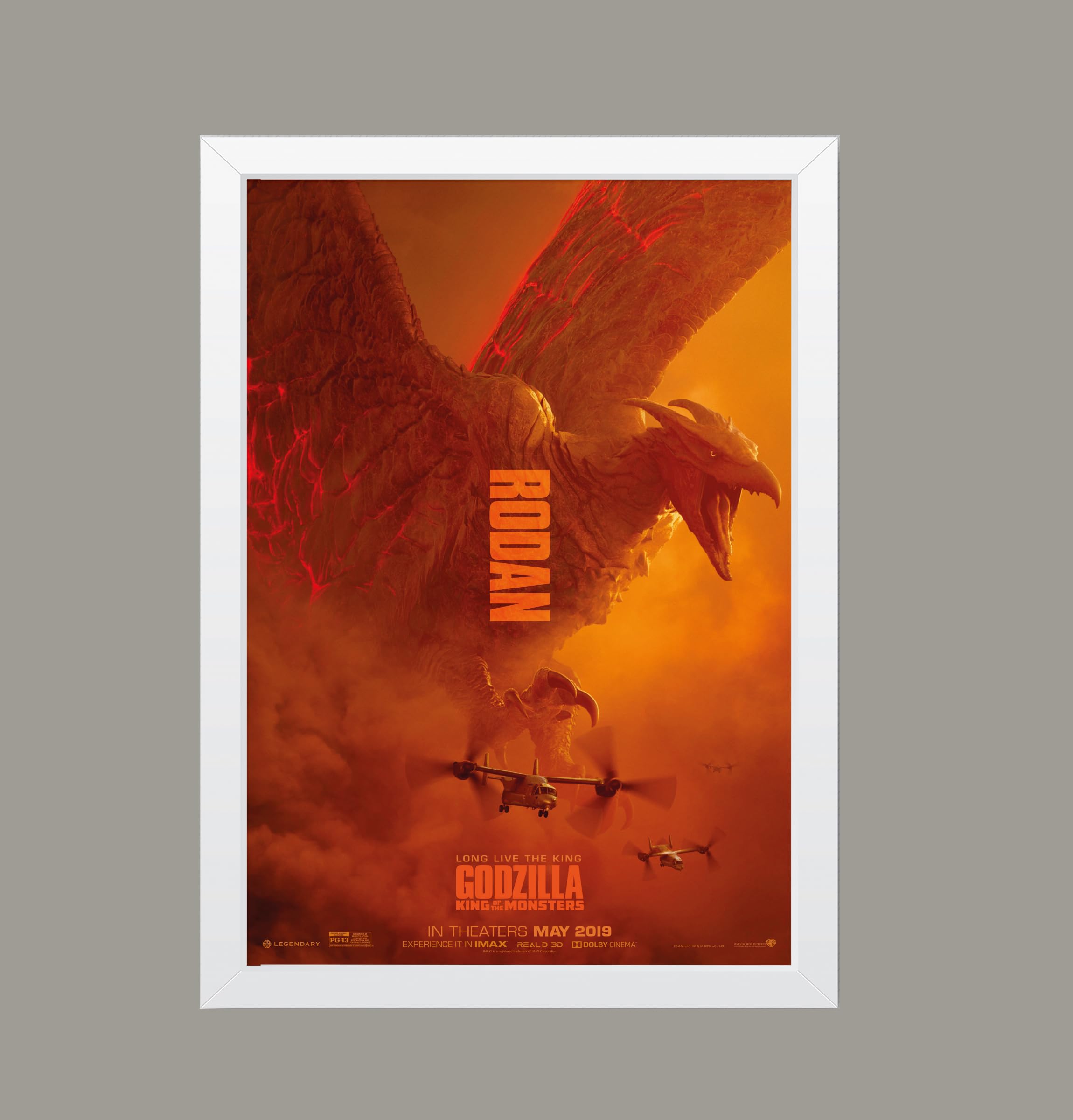 Godzilla King of monsters Rodan Reproduction Classic Movie Film and Theatre Poster wall art print (A4 Framed - White Frame)