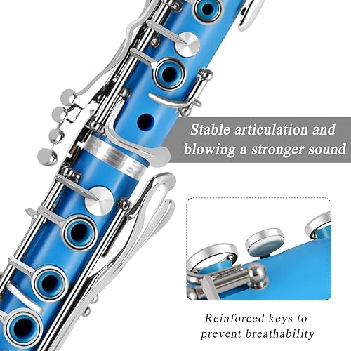 Vista 21 de Clarinete BB para principiantes, estudiantes, clarinete plano B, clarinete de 17 teclas con correa de soporte, 2 barriles, 8 boquillas, cojín