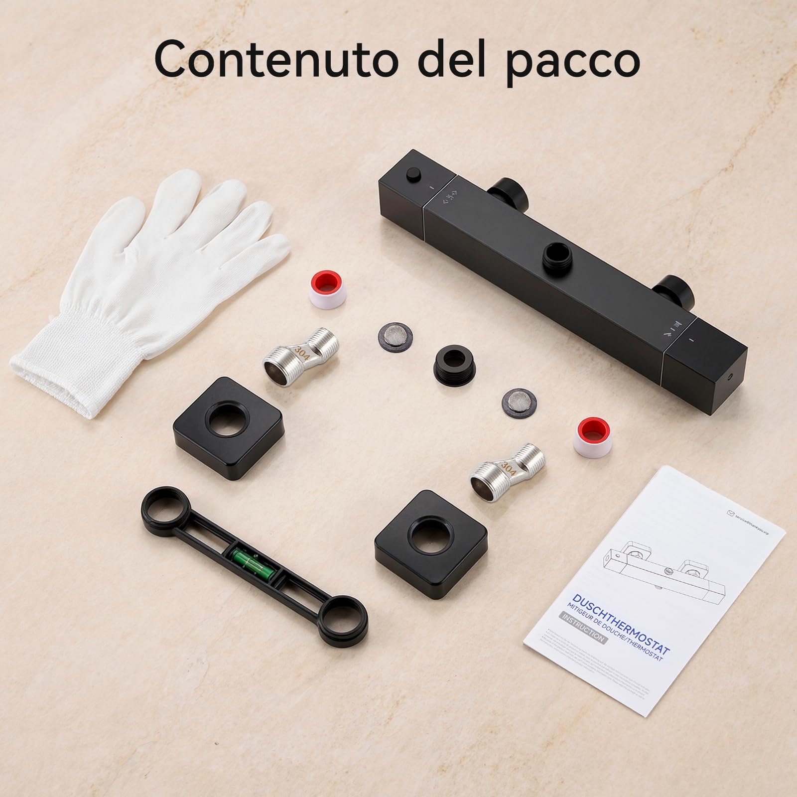 Auralum Miscelatore Termostatico Doccia con 2 Uscite, Attacco Standard Europeo G1/2, Distanza Installazione 150mm±10mm, Miscelatore Doccia Esterno Nero, Rubinetto Doccia da Muro Forma Rettangolare