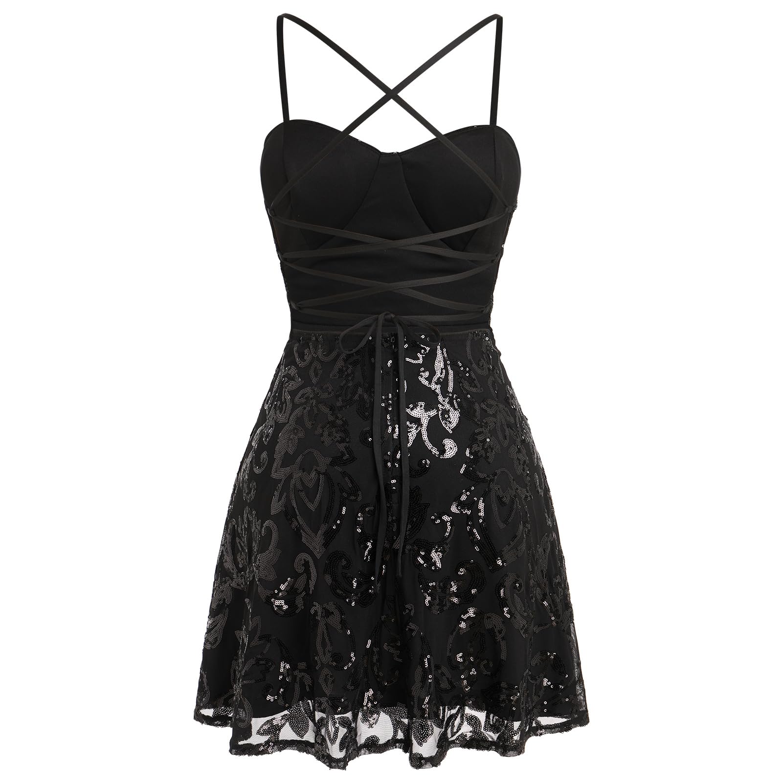 ODIZLI Vestido Corto para Mujer, con Tirantes Delgados, Lentejuelas Brillantes, Acampanado, para Fiesta, Discoteca, Baile, Largo por Encima de la Rodilla, Negro -, S