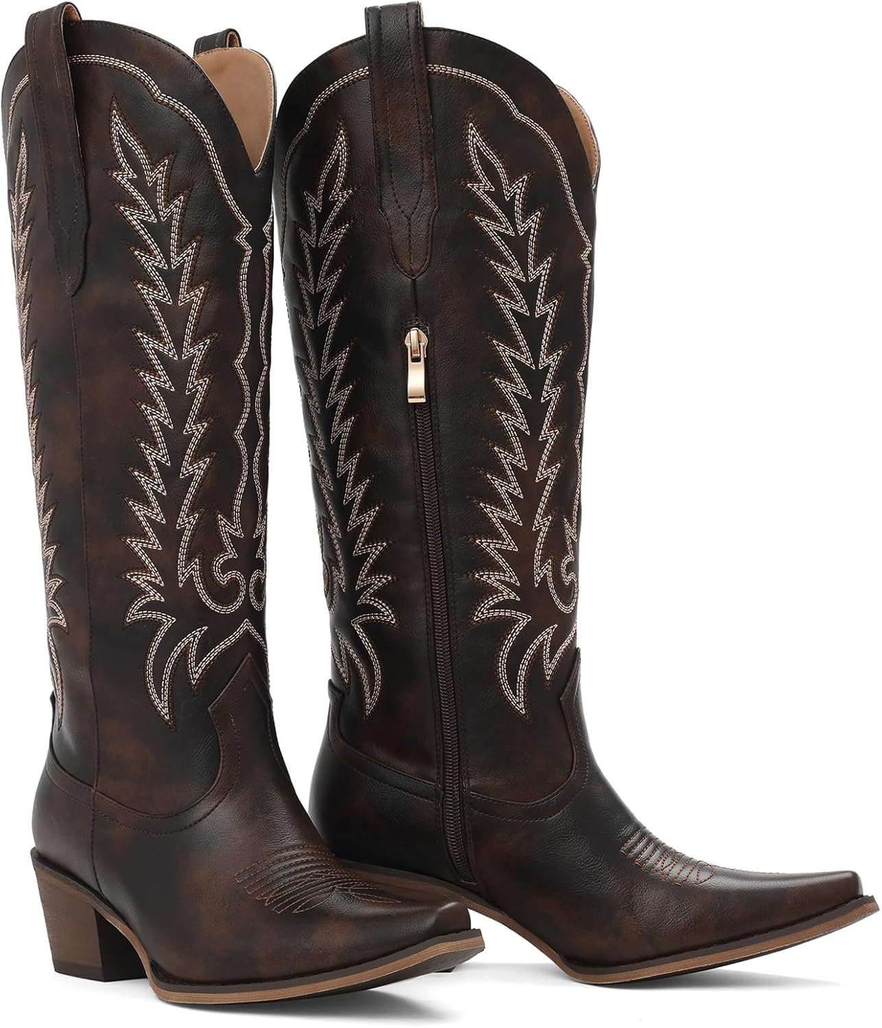 Tscoyuki Womens Cowboy Boots | Knee High Western Cowgirl Boots, Comfortable Chunky Heel, Classic Embroidery, Pointed Toe, Side Zipper & Pull On Tabs for Concert, Rodeo & Country Festival