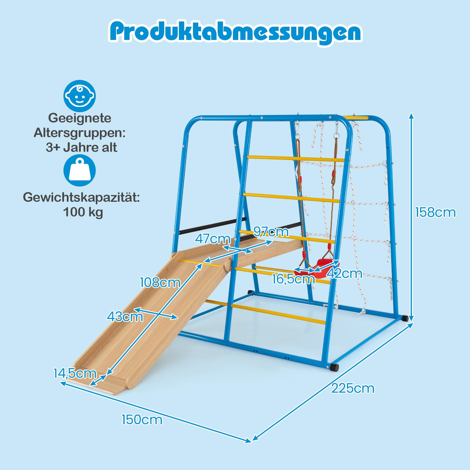 COSTWAY Rusztowanie wspinaczkowe do wnętrz, huśtawka 6 w 1, zjeżdżalnia, drążek do wspinaczki, drabina wspinaczkowa i ścianka linowa, metalowy plac zabaw dla dzieci, dla dzieci od 3 lat