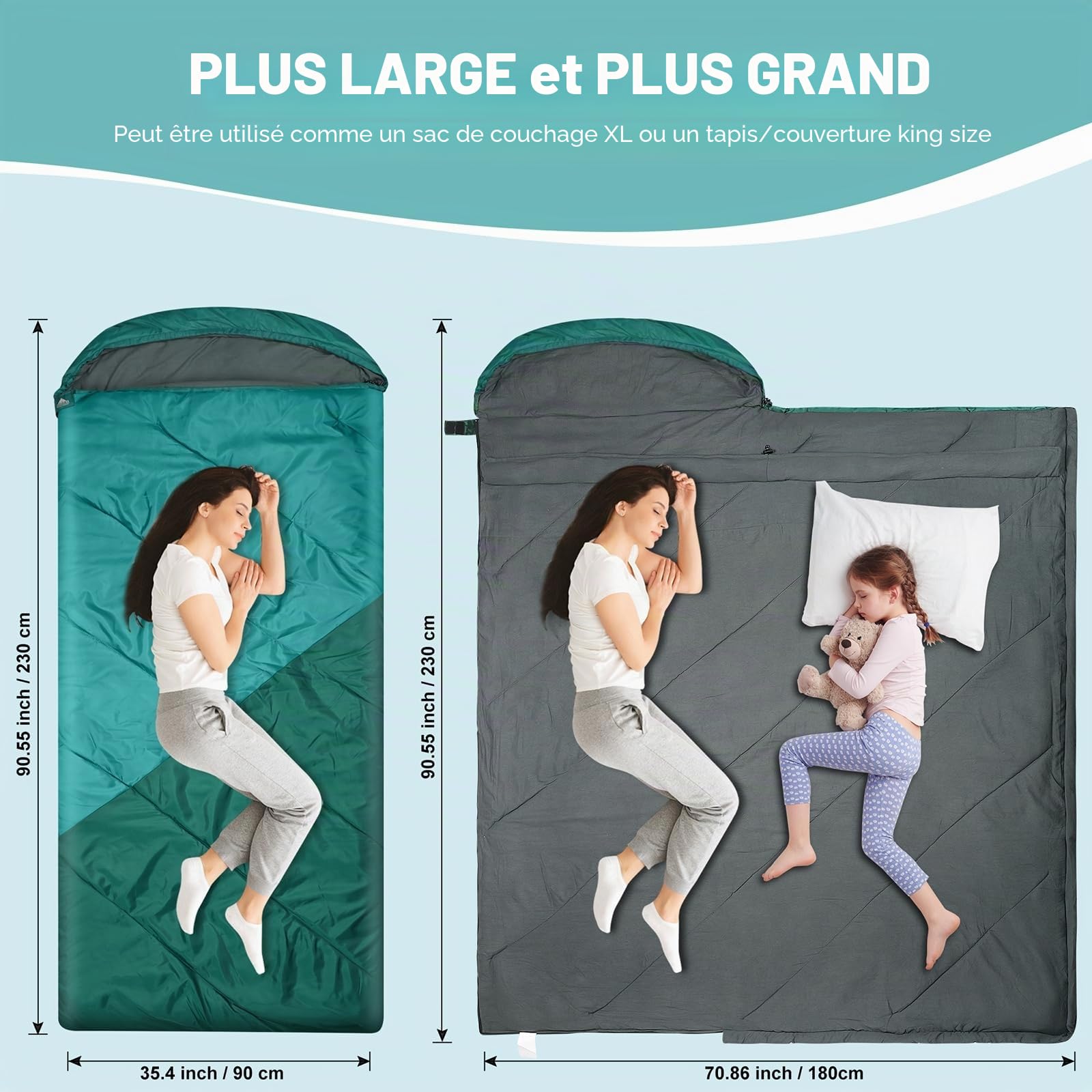 Sac de Couchage pour Adultes, léger déperlant Sac de Couchage Camping | Doublure brossée douce, capuchon de tube et de cordon pour la chaleur, 230x90cm Fit haut adultes sac à dos, confort à 15 ℃