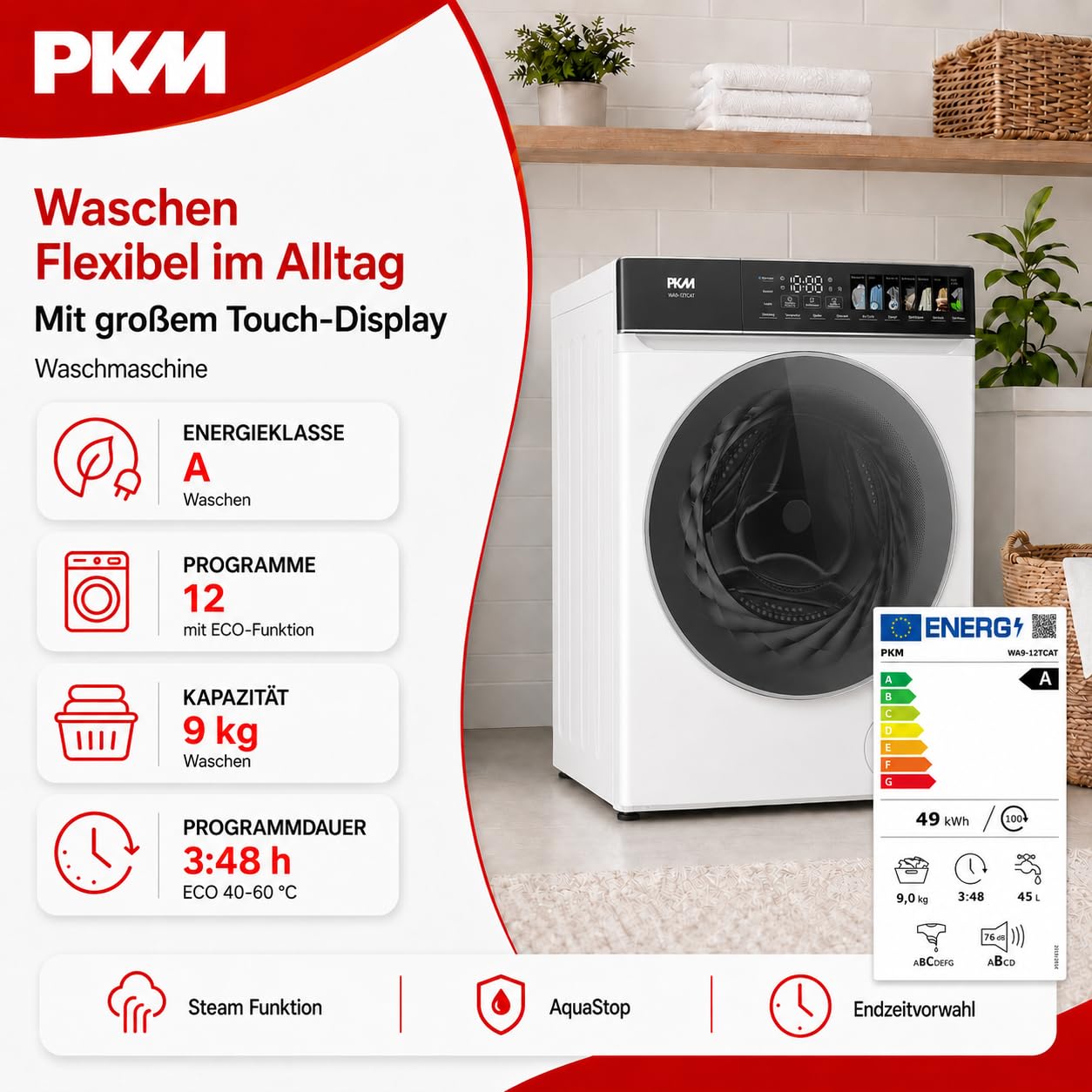 PKM Waschmaschine WA9-12TCAT - Energieeffizienzklasse A, Großes Touch-Display, Steam Funktion, AquaStop, 12 Programme