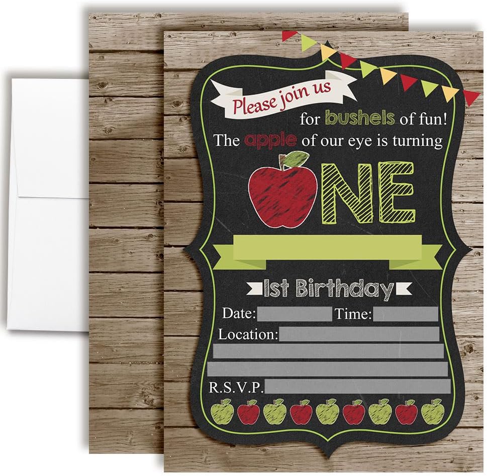 Chalkboard Apple First Birthday Party Invitations, 20 5x7 Fill In Cards with Twenty White Envelopes by AmandaCreation™