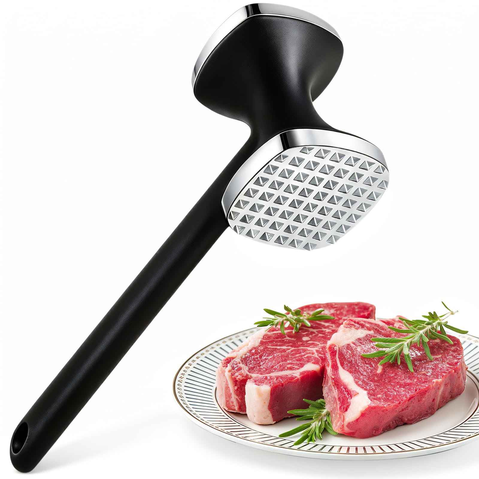 Fleischklopfer aus Edelstahl, Doppelseitiger Schnitzelklopfer Fleischhammer mit Rutschfestem Griff, Spülmaschinenfest, für Schnitzel, Steak, Koteletts, Hähnchen und Schweinefleisch, Silber