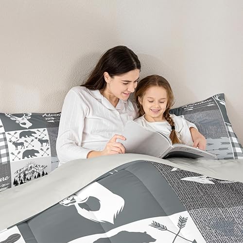 Miniatura 5 de Juego de ropa de cama de cuernos de ciervo para niños, juego de edredón de retazos a cuadros rústico de búfalo tamaño completo para niños