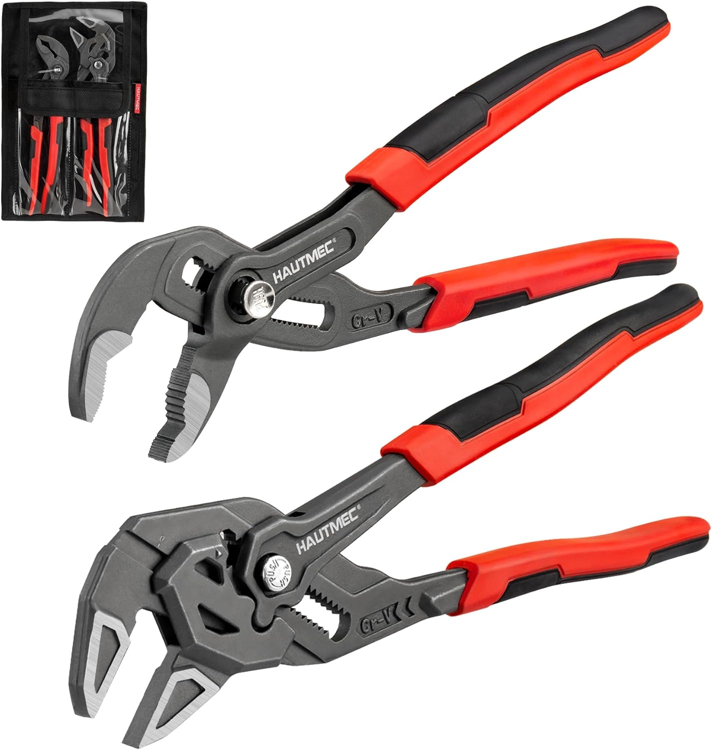 HAUTMEC 2-Piece 10 Inch Adjustable Pliers Wrench & Water Pump Pliers, Parallel Smooth Jaw & V-Jaw, CR-V Steel, Fast Adjustable Tongue and Groove Joint Pliers for Plumbing, Mechanical, Home Repair