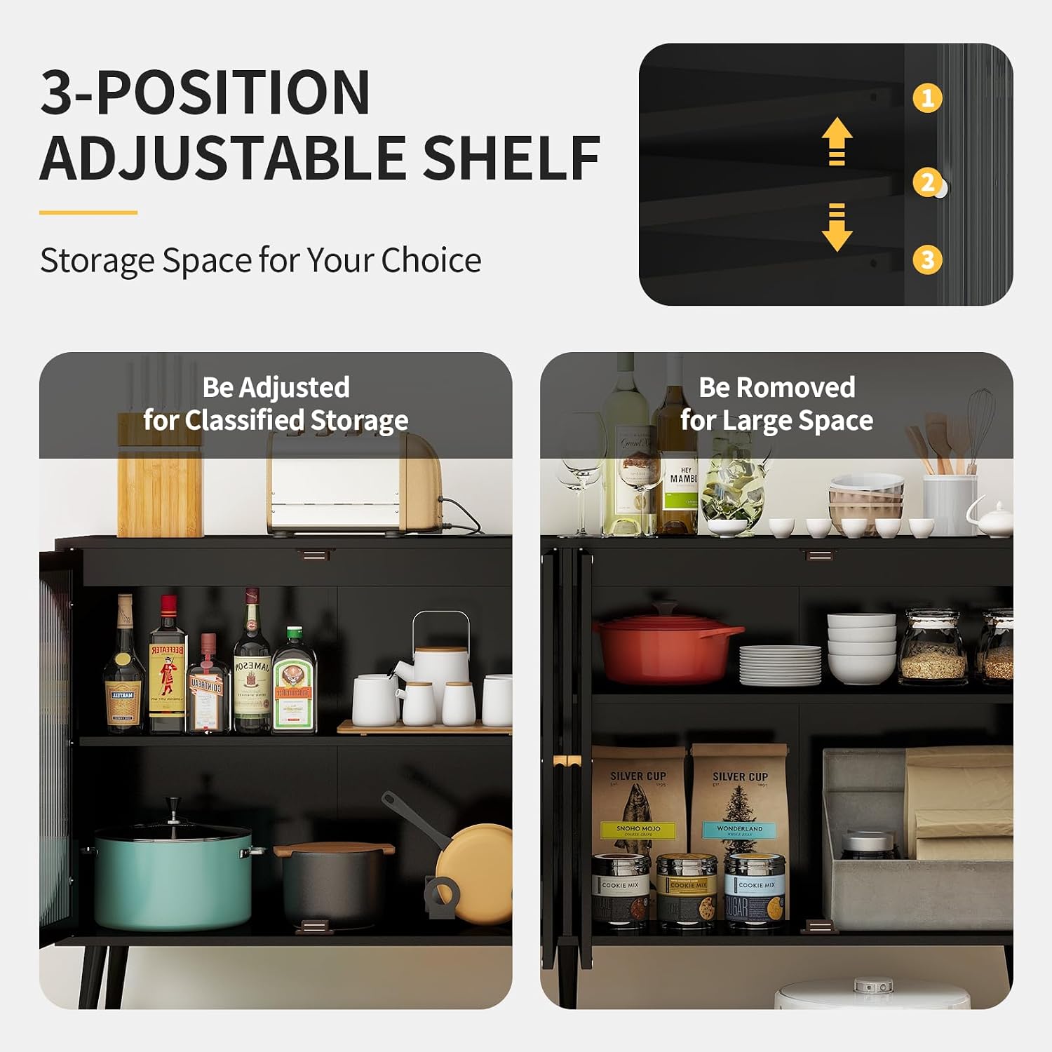 Sideboard Buffet Cabinet with Storage - Modern Buffet 4 Door Cabinet, Freestanding Sideboard Storage Cabinet with 2 Adjustable Shelves, Boho Accent Cabinet Console for Living Room (Black)