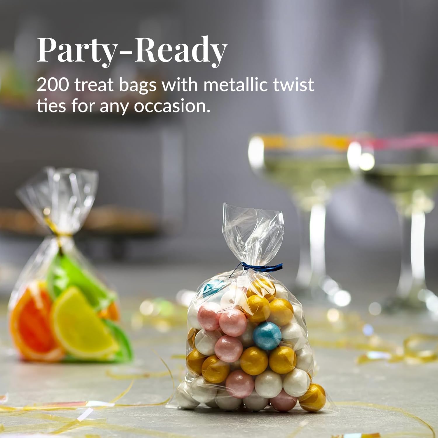 Prestee 200 Pack Clear Cellophane Bags for Favors - Transparent Goodie Bags for Birthday Party, 6x10 Inch Clear Bag with 4-Inch Twist Ties - Candy, Treat, Cookie Bag for Gift Giving