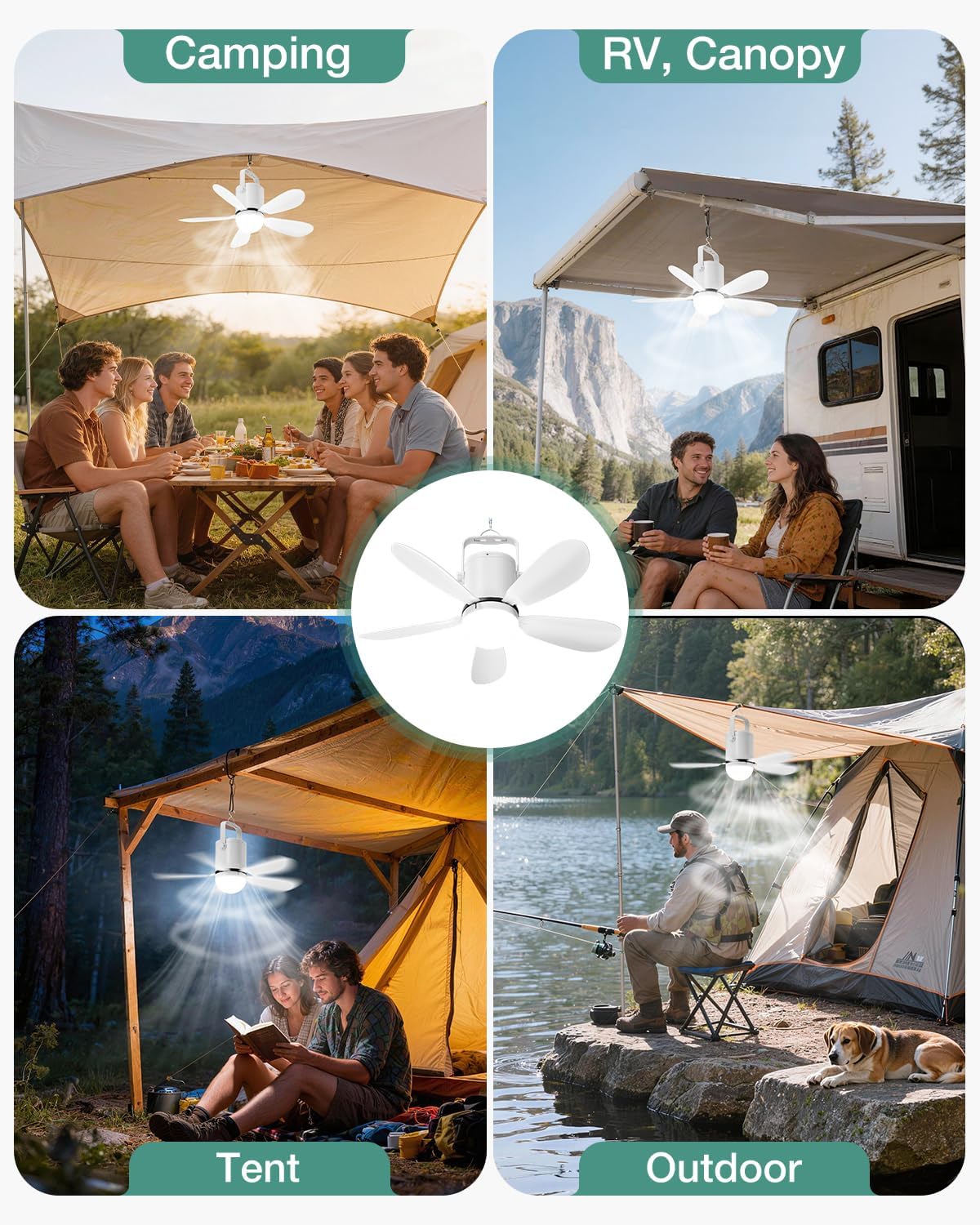 21” Ceiling Fan Light, Portable Battery Operated Gazebo Fan with Remote Control & Fast Charging Cable, Rechargeable Wireless Camping Fan Outside, for Outside Tent Porch Canopy Pergola RV