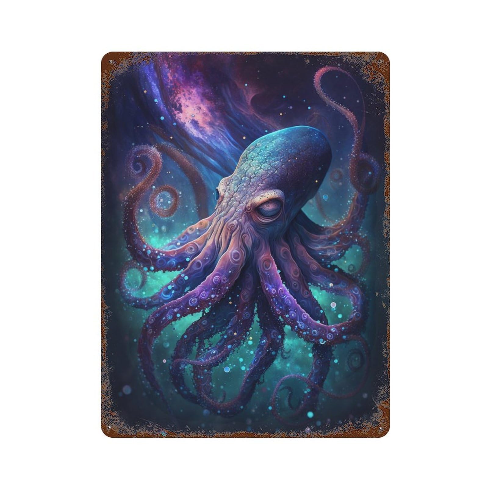 Rust Effect Galactic Octopus Art Print-12 Rustic Tin Plaque 15.7"x11.8", Industrial Home Decor for Bistro, Counter And Cafe Decor