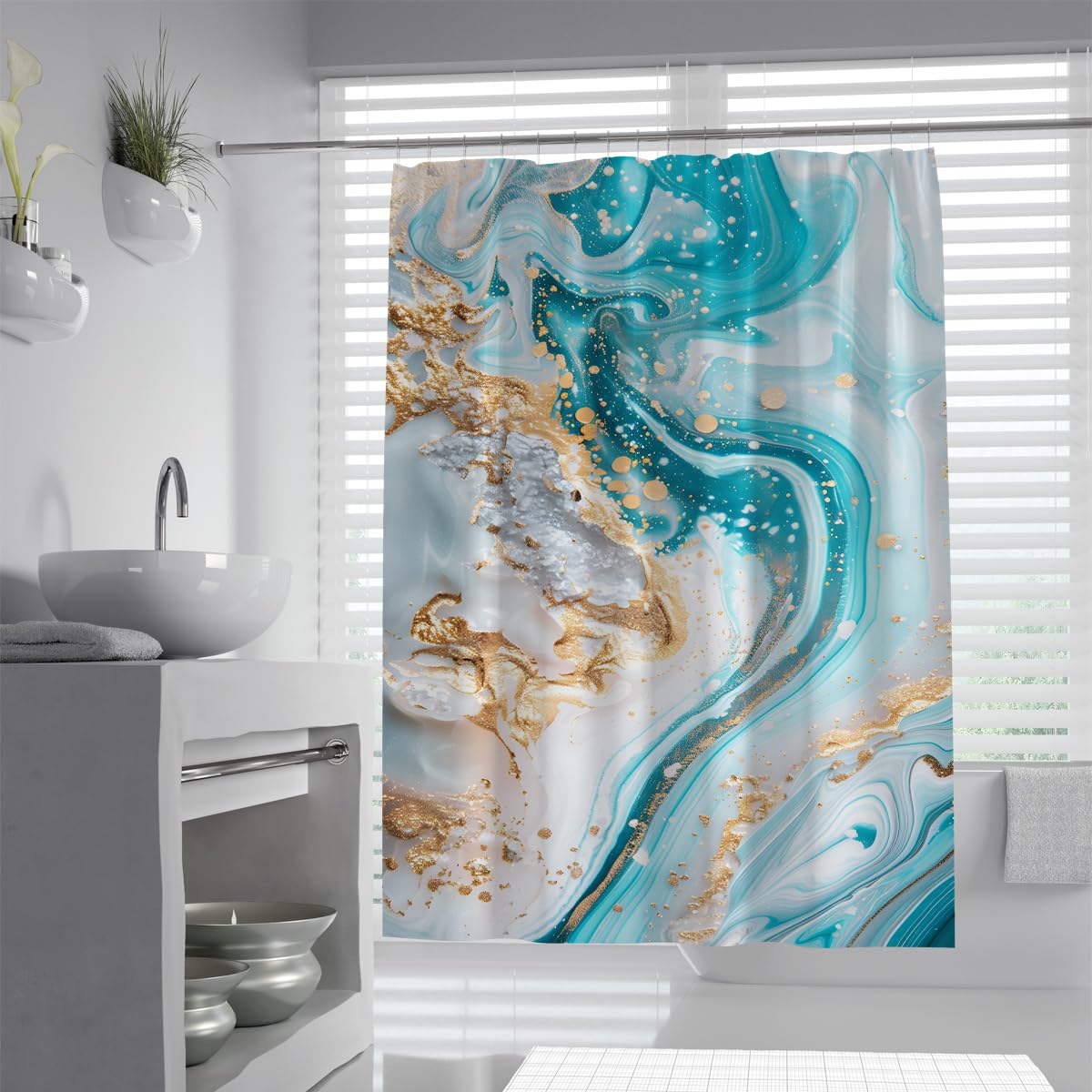 UIRINGART Shower Curtain W150xL200cm Mould Resistant Mildew Proof Luxury Turquoise Mint Green Gold Texture Liquid Marble Vein Swirl Pattern Polyester Fabric Guest Bathroom with Hooks