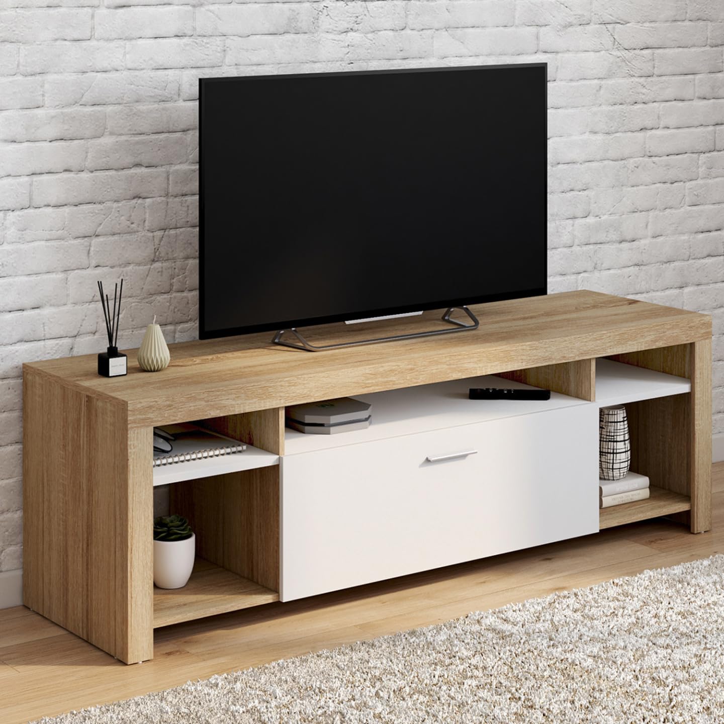 IDMarket - Meuble TV 140 cm Malo Bois et Placard Blanc
