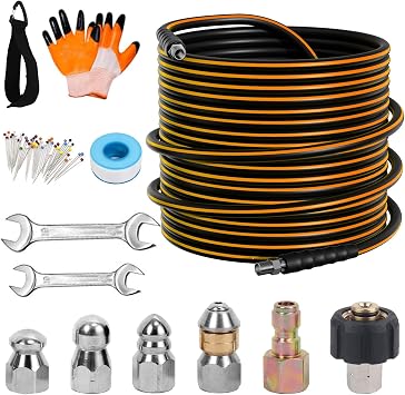 100FT Sewer Jetter Kit for Pressure Washer, 5800PSI Drain Cleaner Hose 1/4 Inch NPT Corner Rotating and Button Nose Sewer Jetting Nozzle Spanner Watertight Tape Pearl Corsage Pin Handle Strap