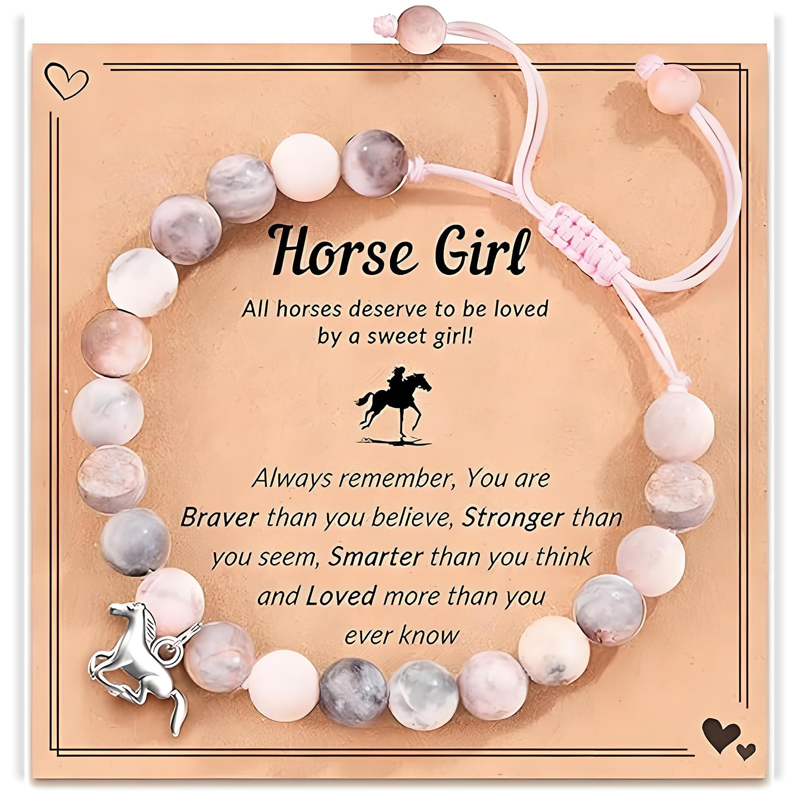 Pferde Armband Für Mädchen - Rosa Perlenarmband Mit Hufeisen Anhänger Verstellbar