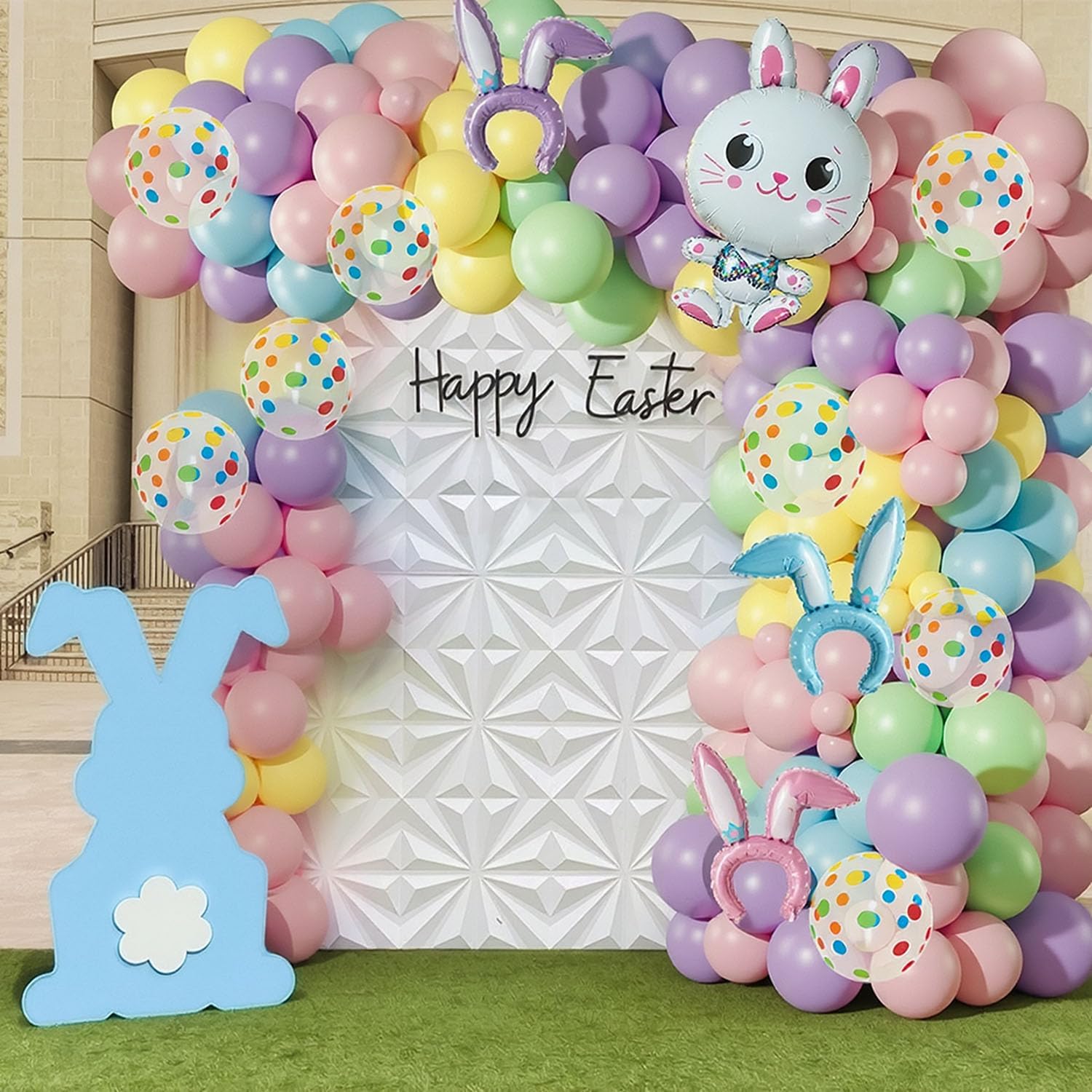 Easter Balloon Arch Garland Kit, 12" 10" 5" Pastel Balloons with Bunny Rabbit Foil Balloon for Easter Party Decorations Spring Indoor Outdoor Party Supplies