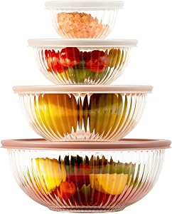 Glass Mixing Bowls with Lids Sets, 4 PCS serving bowls for party or kitchen | For Baking, Meal Prepping and Salad, Bpa Free and Dishwasher and microwave Safe Serving Bowls, 0.2 / 0.5 / 1.1 / 2.1 QT