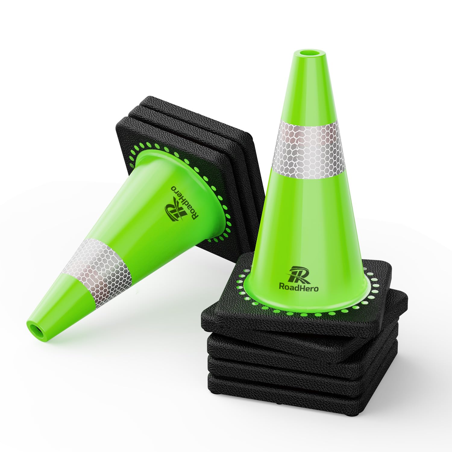 RoadHero 8 Pack Traffic Safety Cones 18 Inch with Black Weighted Base, Plastic PVC Lime Green Cone with Reflective Collar, Cones for Parking Lot, Construction Events, Road Safety
