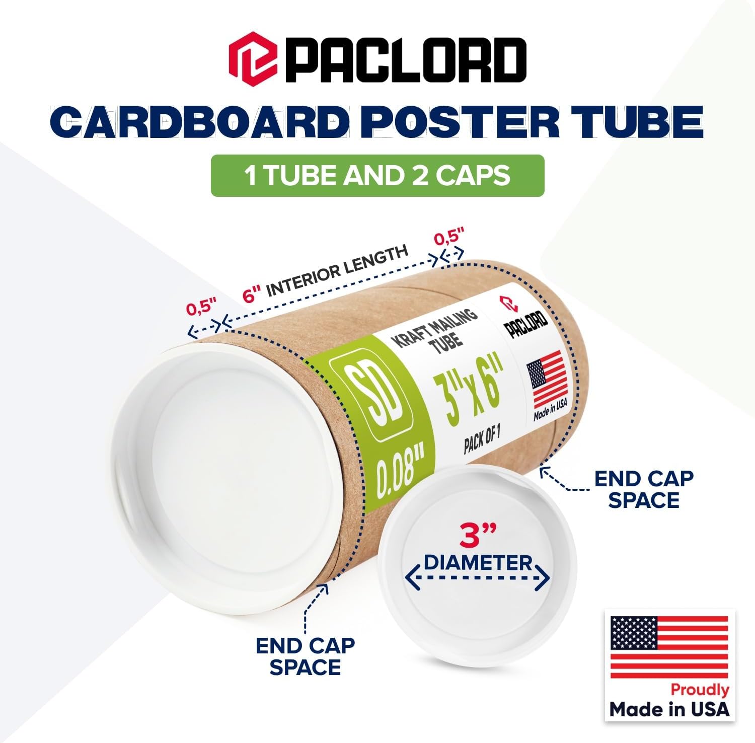 3" x 6" Reinforced Kraft Paper Mailing Tube, Pack of 1 Tube with 2 Caps – Secure USPS Approved Poster Tube – Made in USA Cardboard Tube for Shipping and Storing Posters, Prints, Artwork
