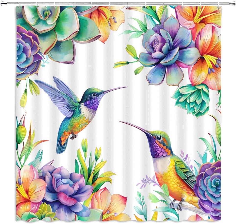 Flower Bird Shower Curtain Hummingbird Succulents Purple Floral Vintage Garden Tropical Nature Plant Rustic Animal Art Print Fabric Bathroom Decor Curtains with Hooks,70 x 82