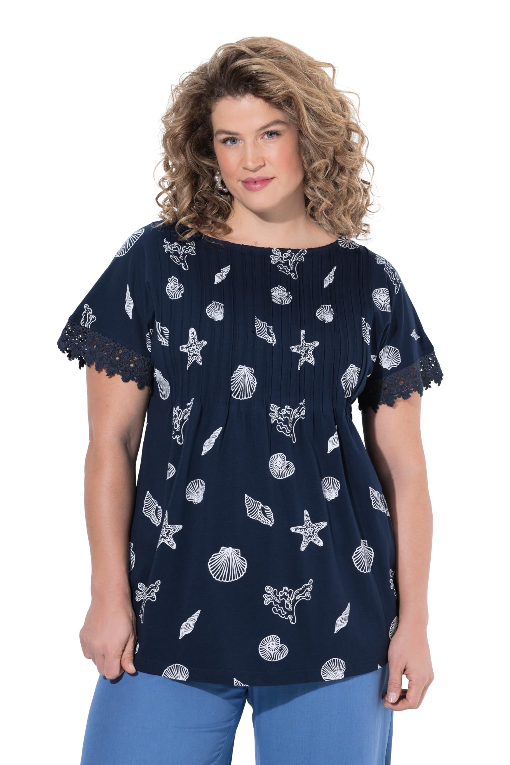 Ulla Popken Damen große Größen Übergrößen Plus Size T-Shirt, Biesen, U-Boot-Ausschnitt, ärmellos, Biobaumwolle 847682