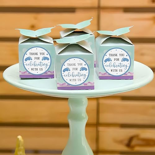 Miniatura 6 de Calcomanías de recuerdo de baby shower, 240 unidades para niño, tema de pies azules de 2 pulgadas, huella, agradecimiento por celebrar con nosotros,