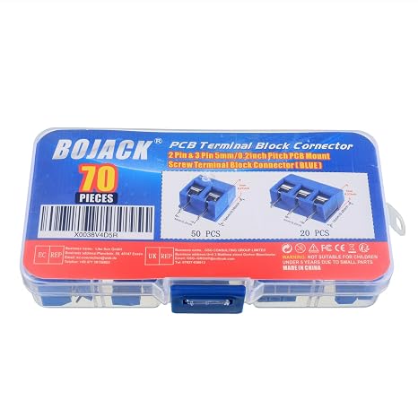 BOJACK Blue 5MM 2-Pin & 3-Pin Pitch PCB Mount Screw Terminal Block Connector for Arduino and Home Electronics Projects (Pack of 70)