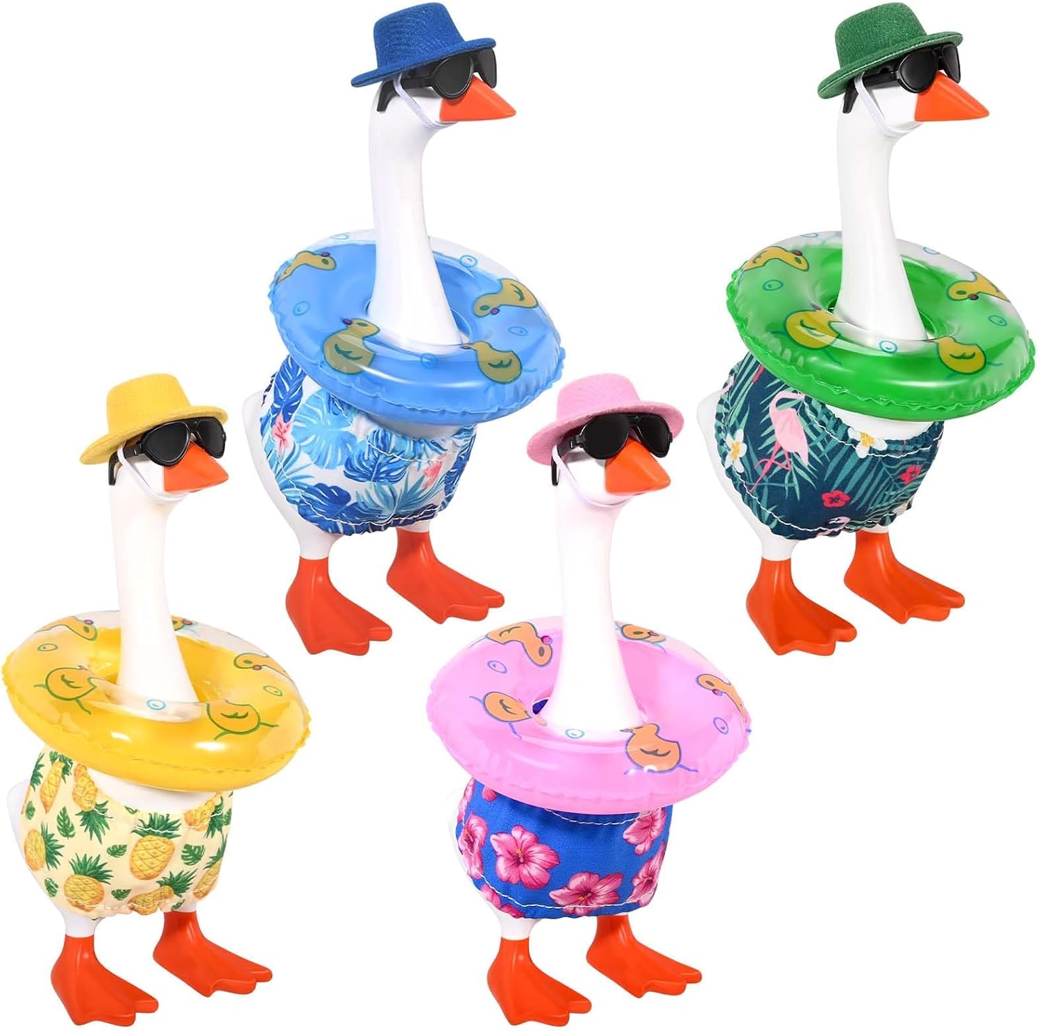Bolsome 4 Sets Desk Goose Outfits 7 Inch Summer Desktop Goose Outfit with Hawaiian Clothes Hat Sunglasses Swimming Ring Accessories for Magnetic Geese Desk Table Decor